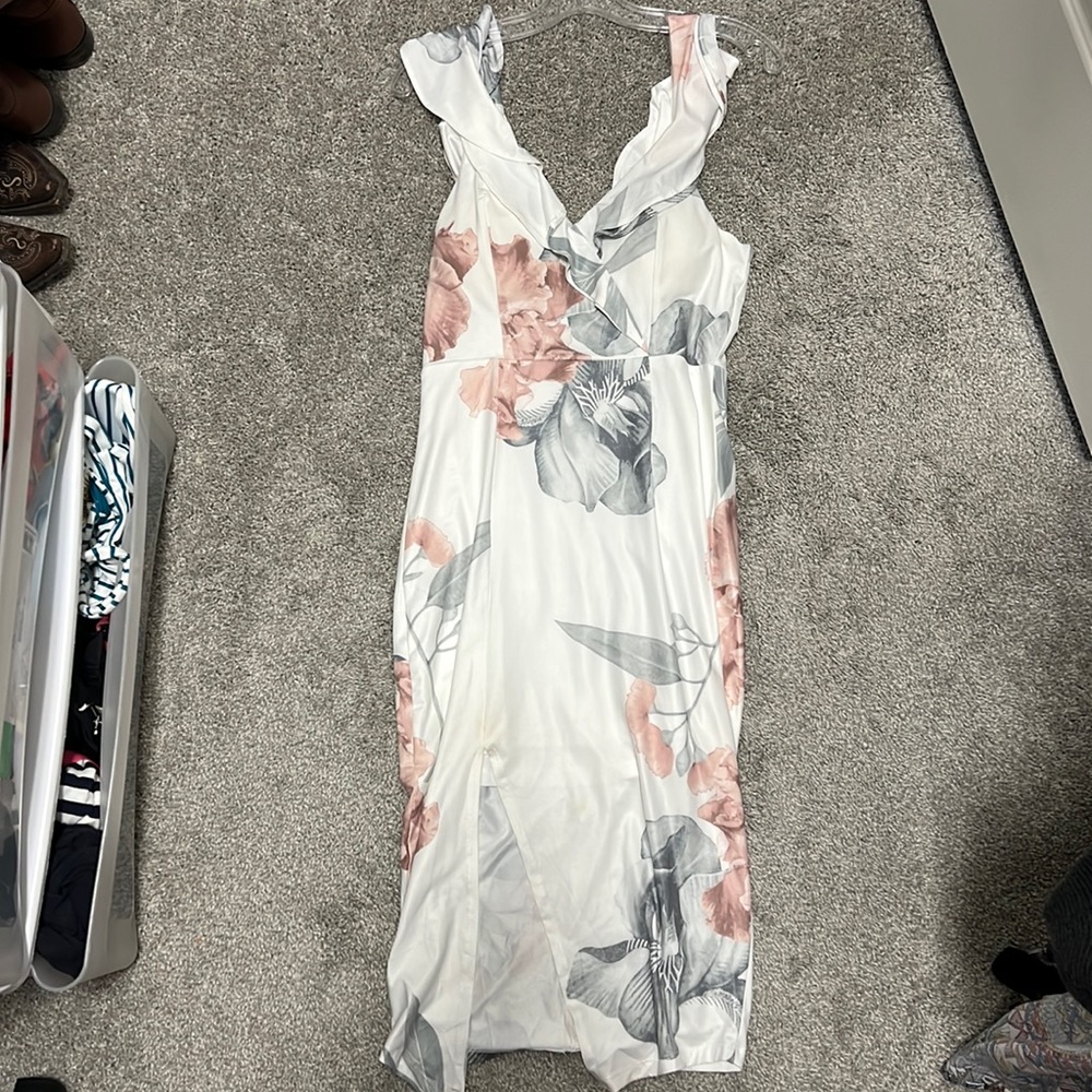 White floral fitted / semi off the shoulder dress, Aus size 10, US size 6